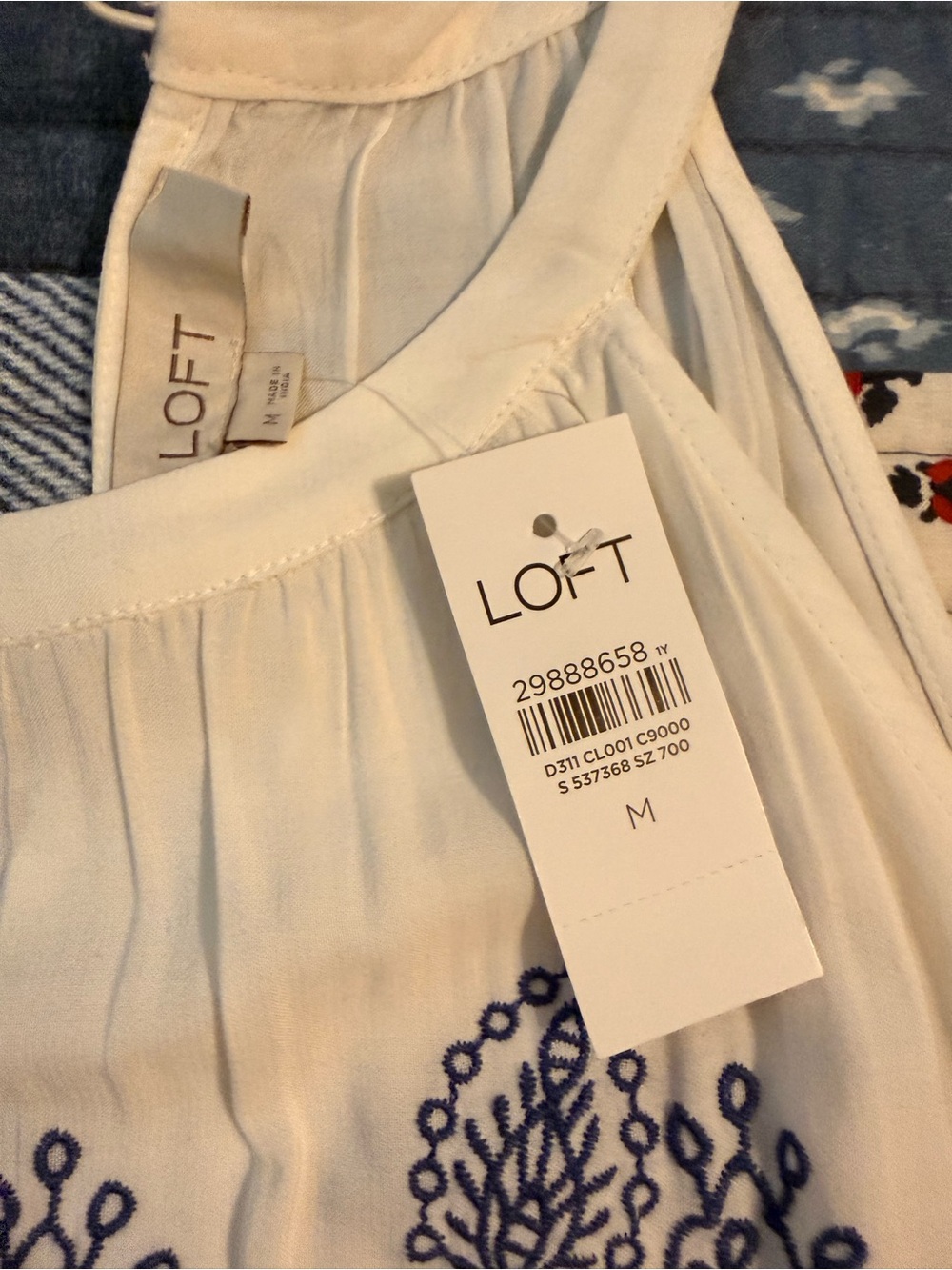 LOFT White Tank Top with Navy Embroidered Floral Border - Picture 3 of 3